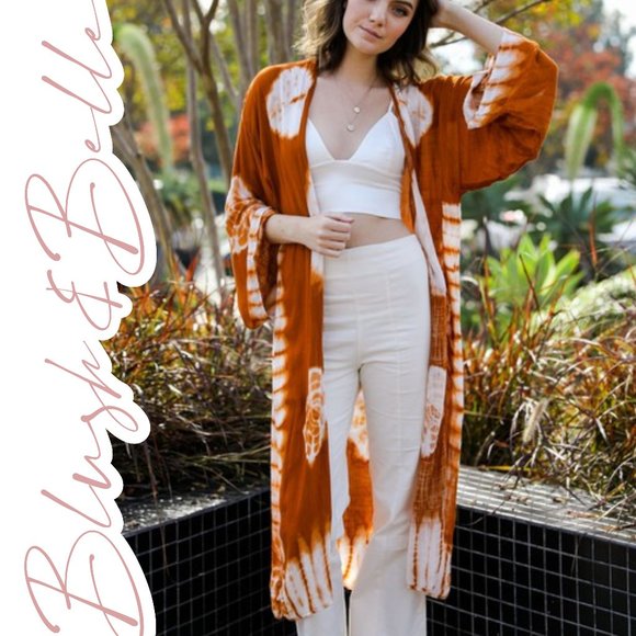 Blush & Belle Tops - JANIS Tie-Dye Longline Kimono w/Full Sleeves Rust